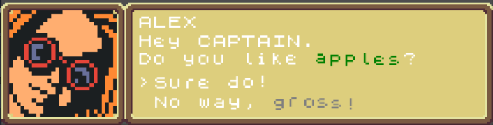 Screenshot of scene with dialogue with ALEX referring to the player as CAPTAIN