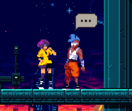 Screenshot of characters in scene with speech bubble appearing above head of NPC