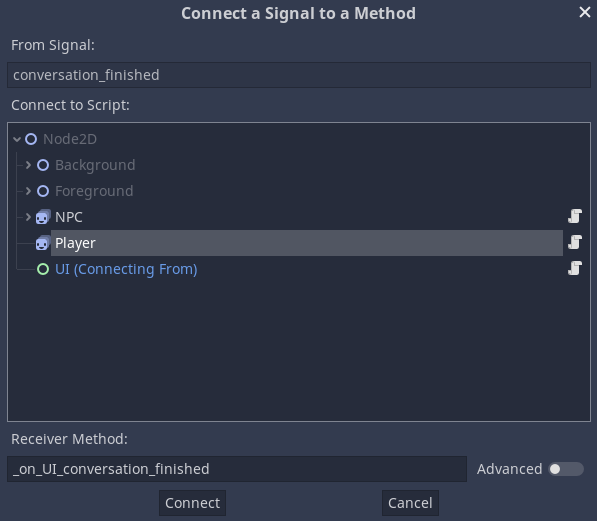 Screenshot of editor window to connect signal to method on Player