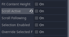 Screenshot of Dialogue node settings with Scroll Active disabled