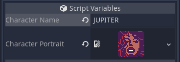 Screenshot of editor showing custom name and portrait set in inspector