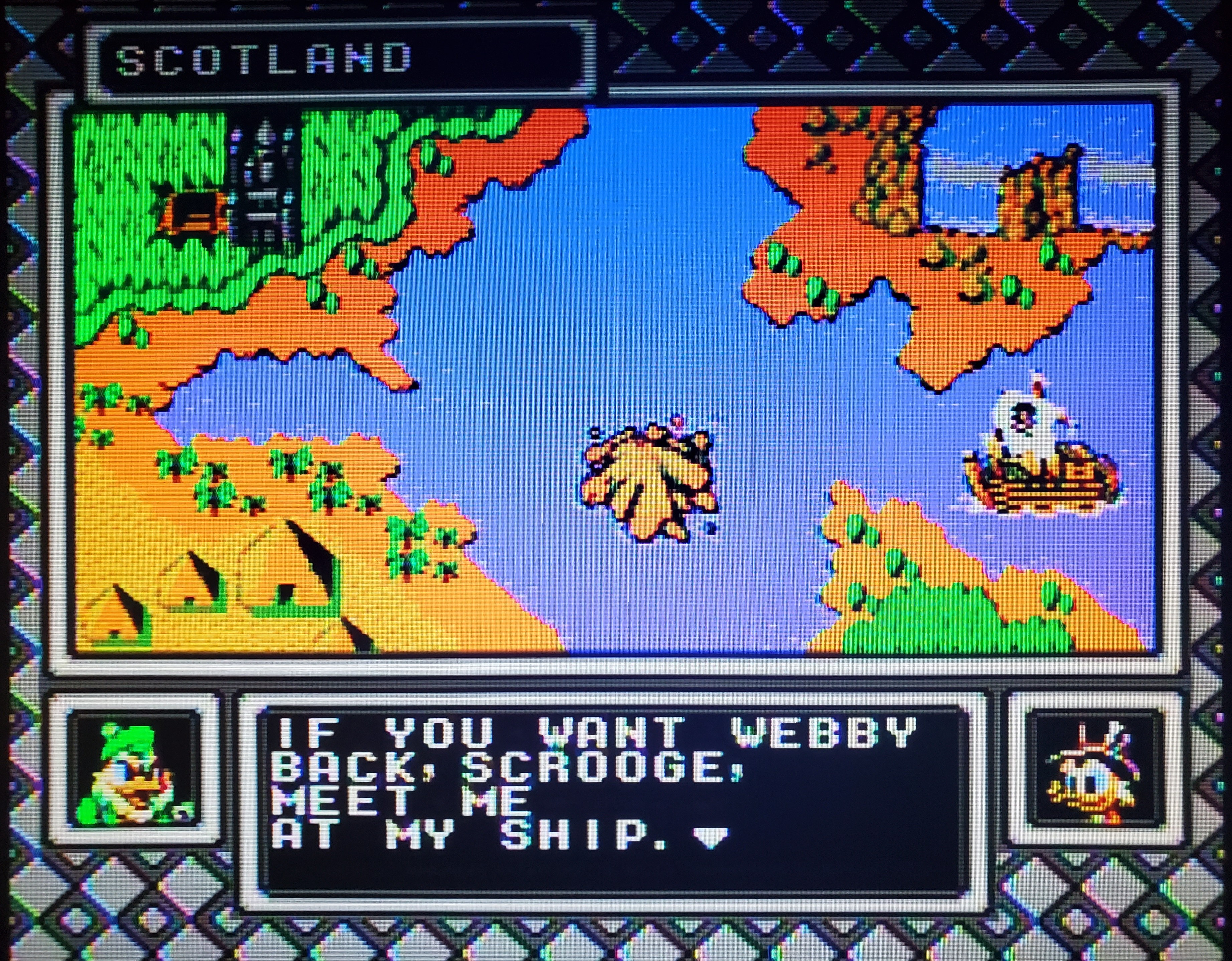 Screenshot from Ducktales 2 (1993, NES) showing dialogue window with character portraits