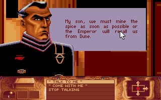 Screenshot from Dune (1992, PC) showing dialogue options with character image