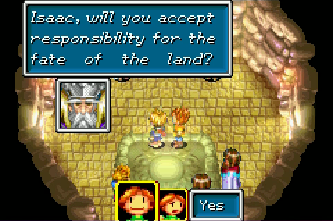 Screenshot from Golden Sun (2001, GBA) showing dialogue options with character